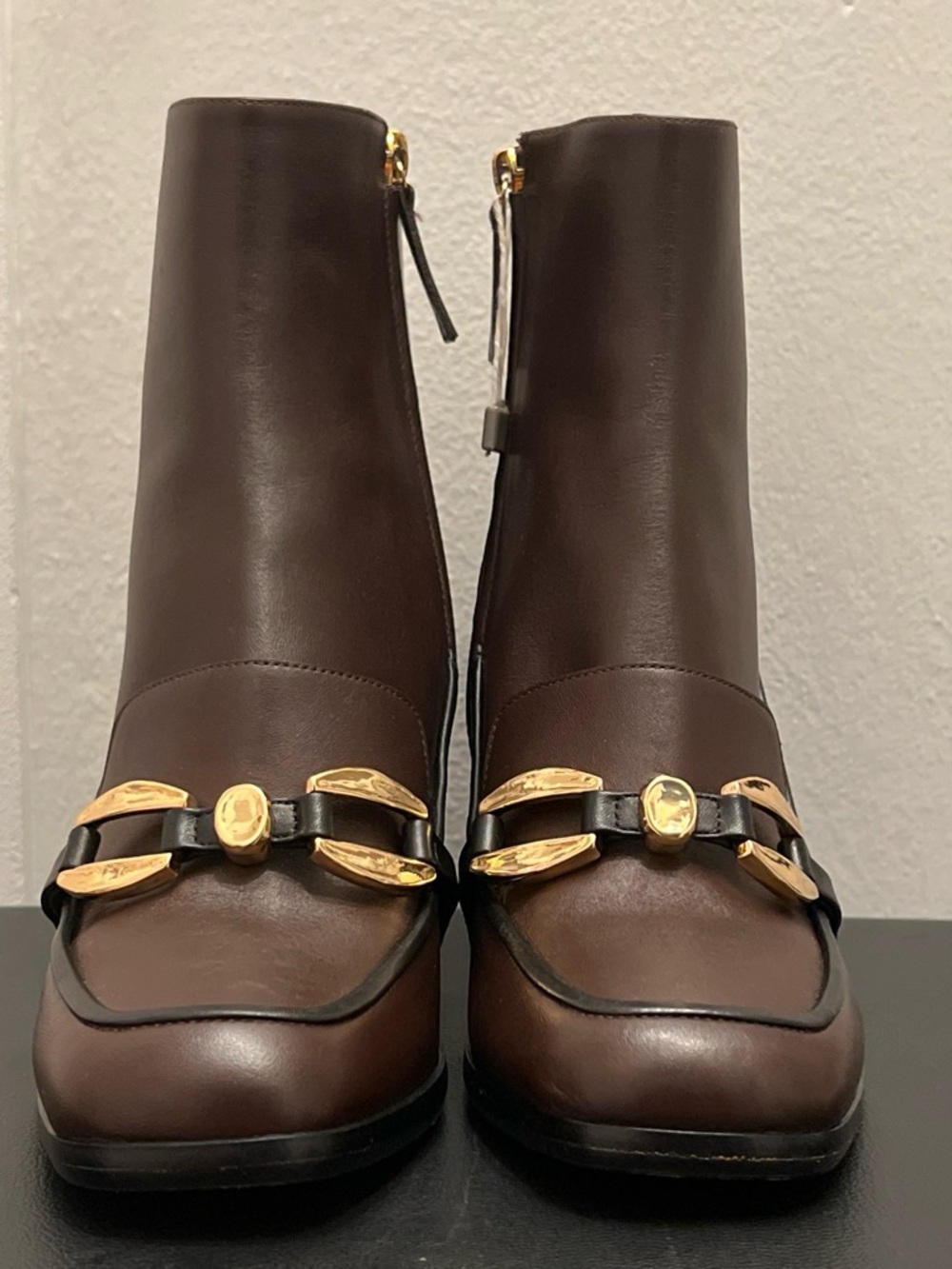 Alberta Ferretti Tan Leather Heeled Boot with Gold Buckle